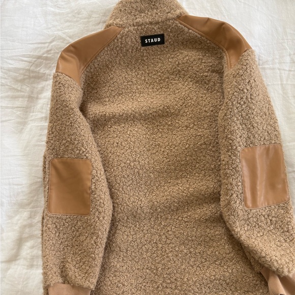 STAUD | Scrabble Boucle Leather Trimmed Coat Oversized Doe Tan - Picture 3 of 6